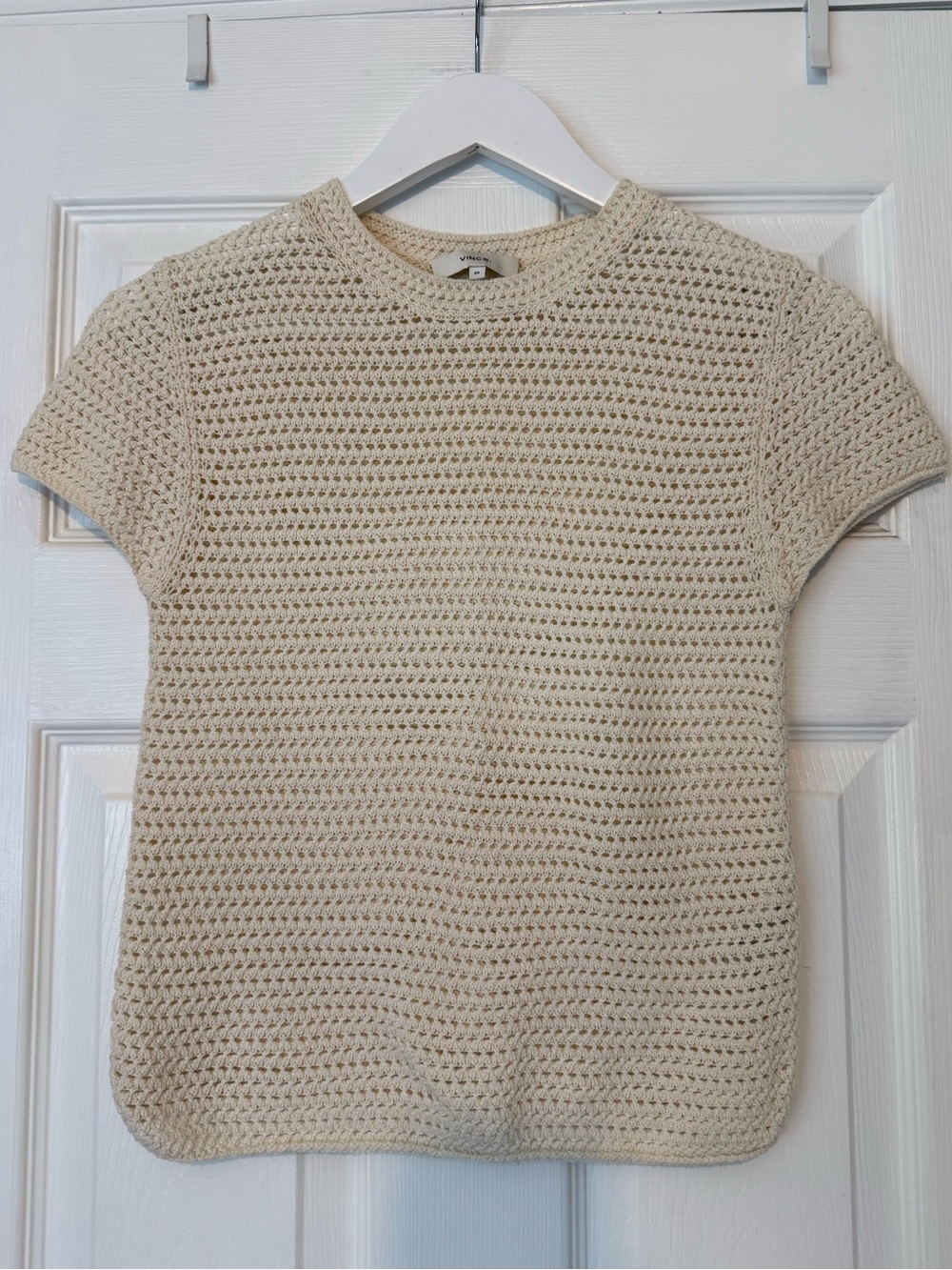 Vince Cream Openwork Crochet Short Sleeve Top 100% Cotton